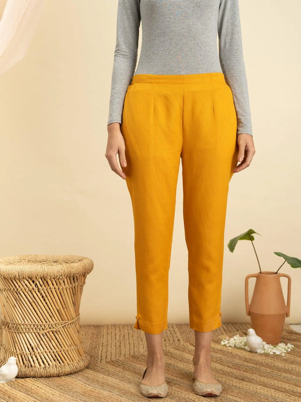 Yellow Solid Cotton Trousers - Jashvi