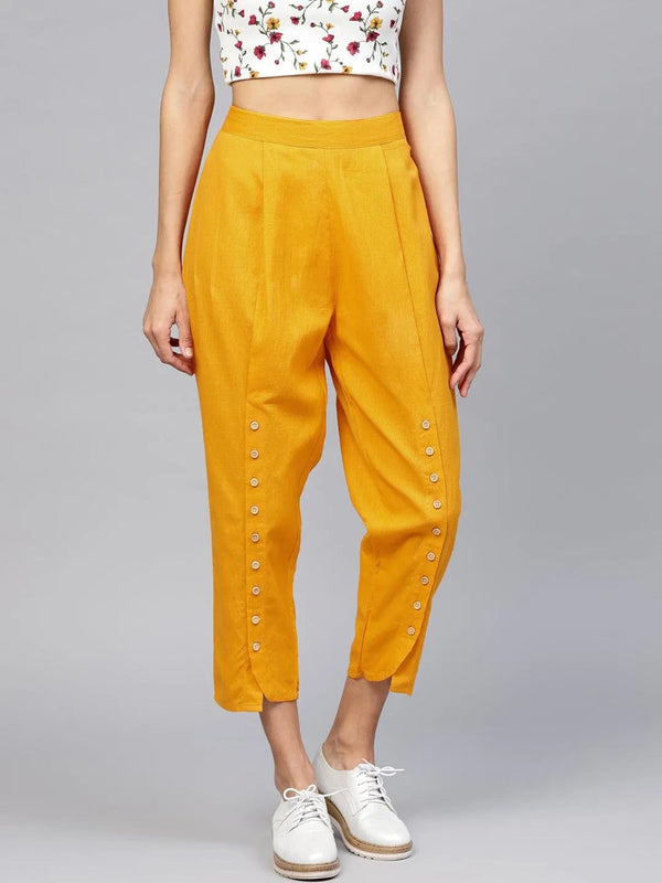 Yellow Solid Cotton Trousers - Jashvi