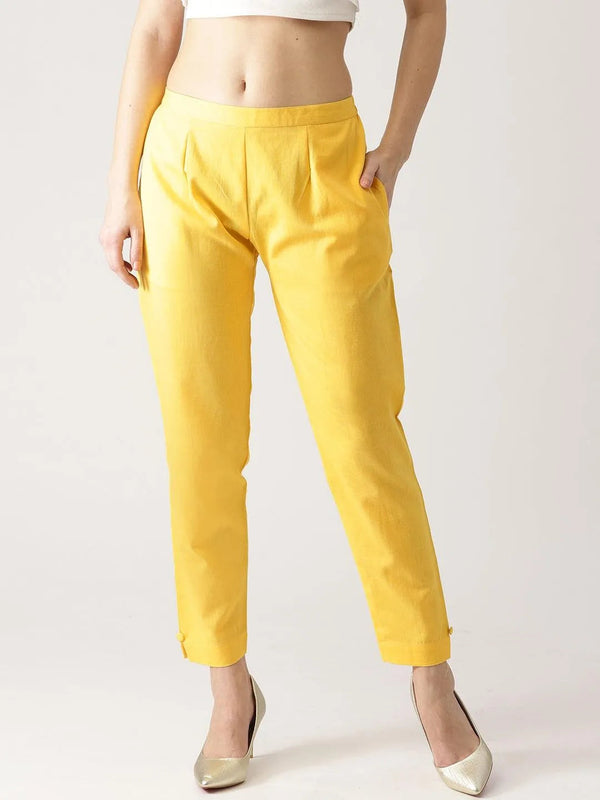 Yellow Solid Cotton Trousers - Jashvi