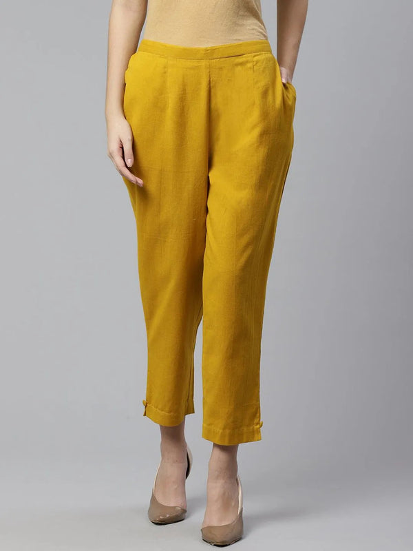 Yellow Solid Cotton Trousers - Jashvi