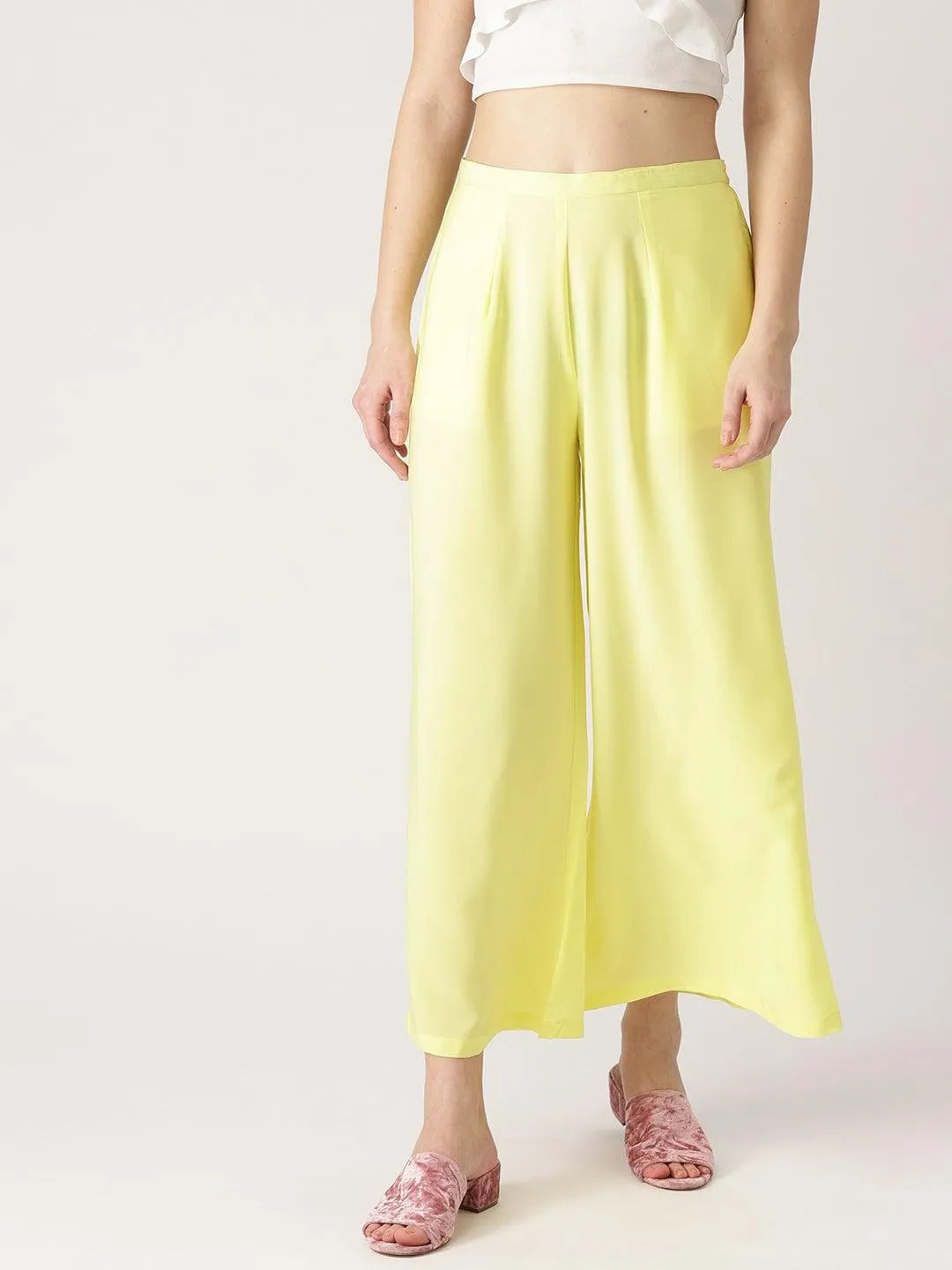 Yellow Solid Crepe Palazzos - Jashvi