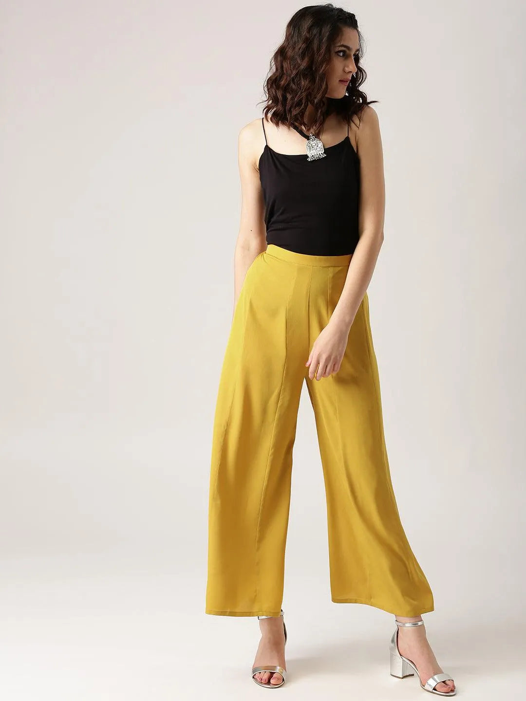 Yellow Solid Crepe Palazzos - Jashvi