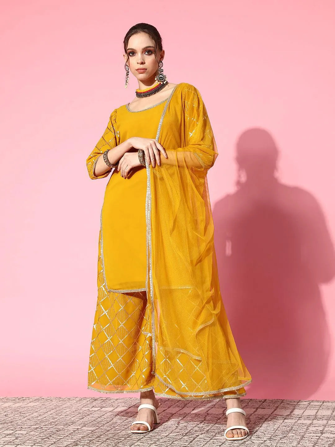 Yellow Solid Georgette Straight Suit Set With Palazzos - Jashvi