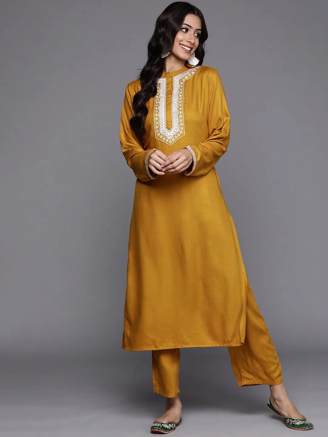 Yellow Solid Pashmina Wool Kurta Set - Jashvi