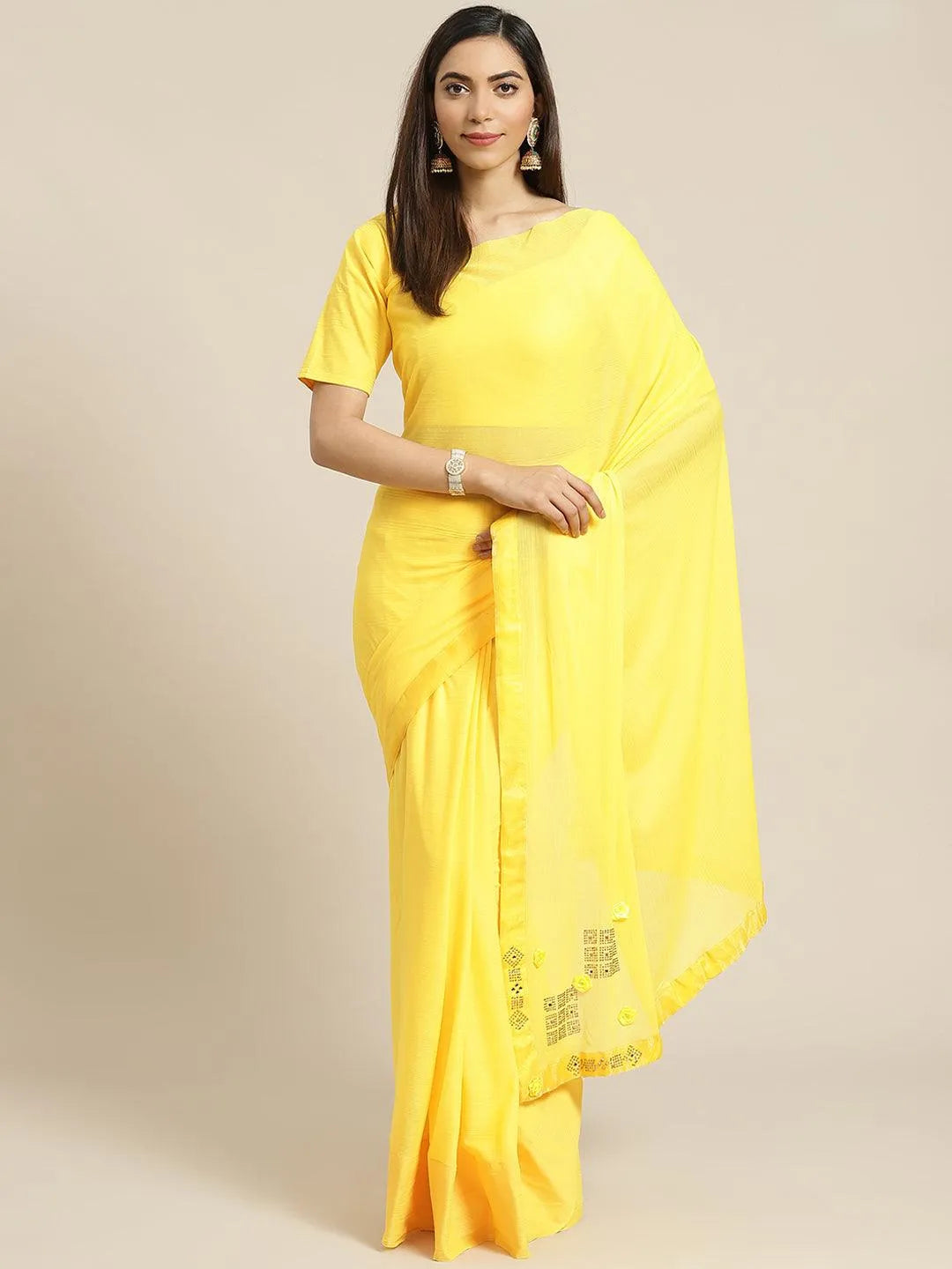 Yellow Solid Polyester Saree - Jashvi