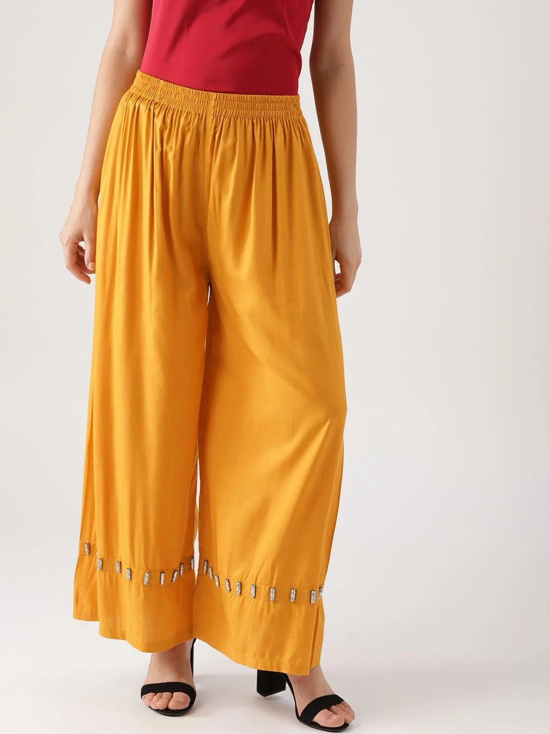 Yellow Solid Rayon Palazzos - Jashvi