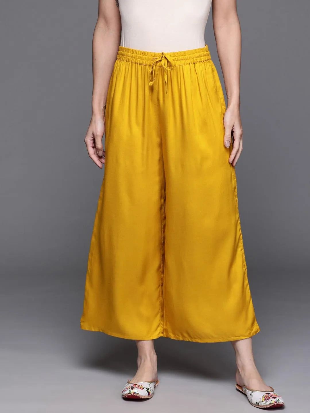 Yellow Solid Rayon Palazzos - Jashvi