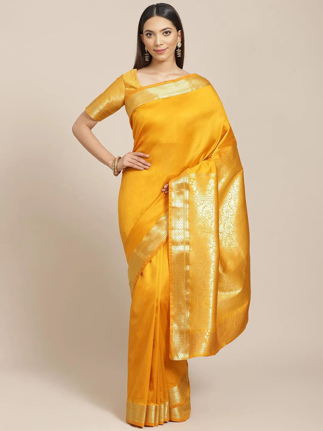 Yellow Solid Silk Blend Saree - Jashvi