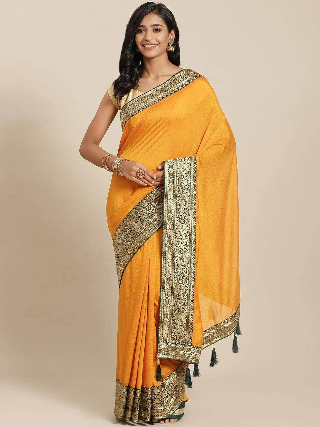 Yellow Solid Silk Blend Saree - Jashvi