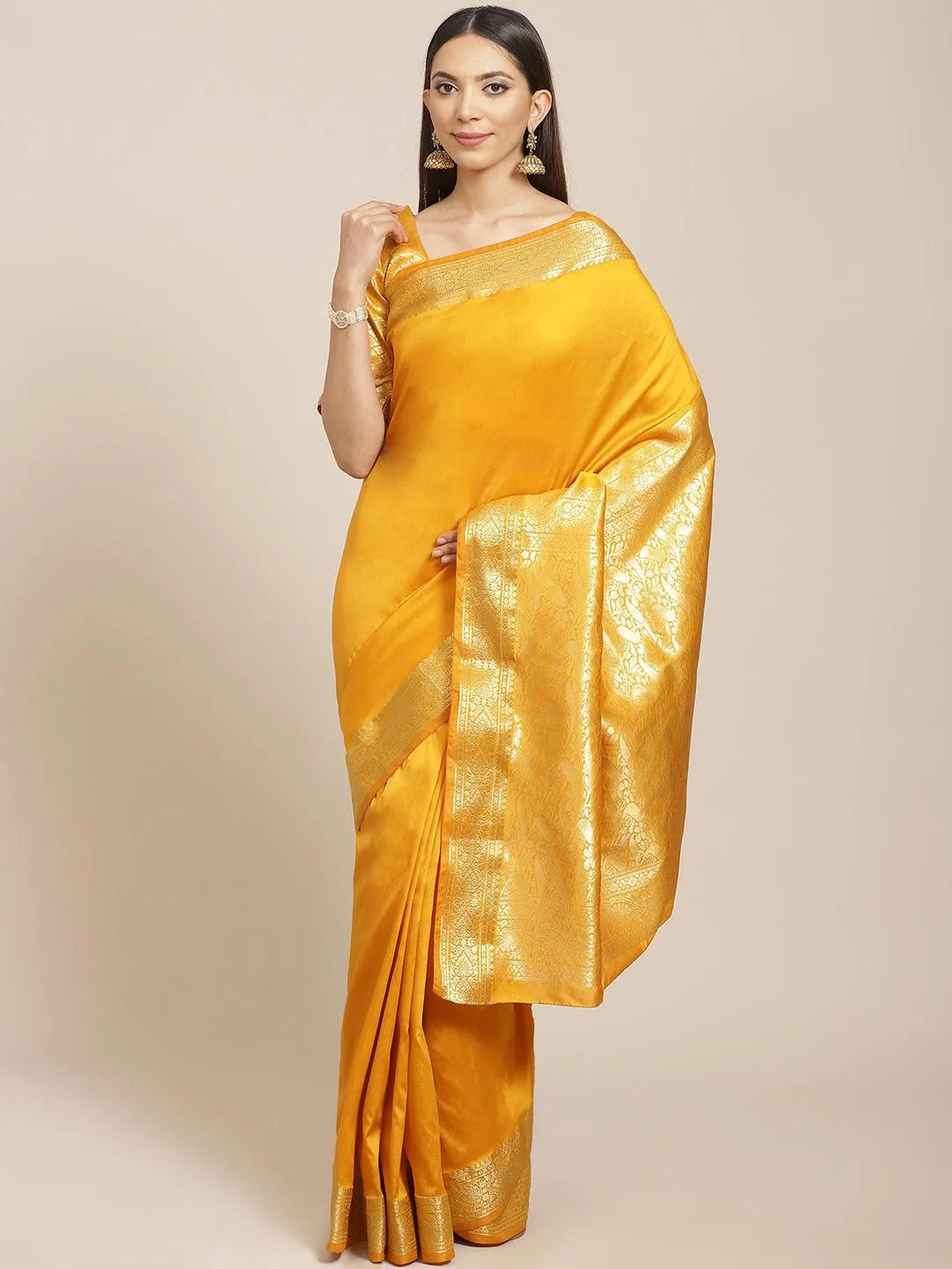 Yellow Solid Silk Blend Saree - Jashvi