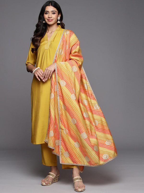 Yellow Solid Silk Blend Straight Kurta With Trousers & Dupatta - Jashvi