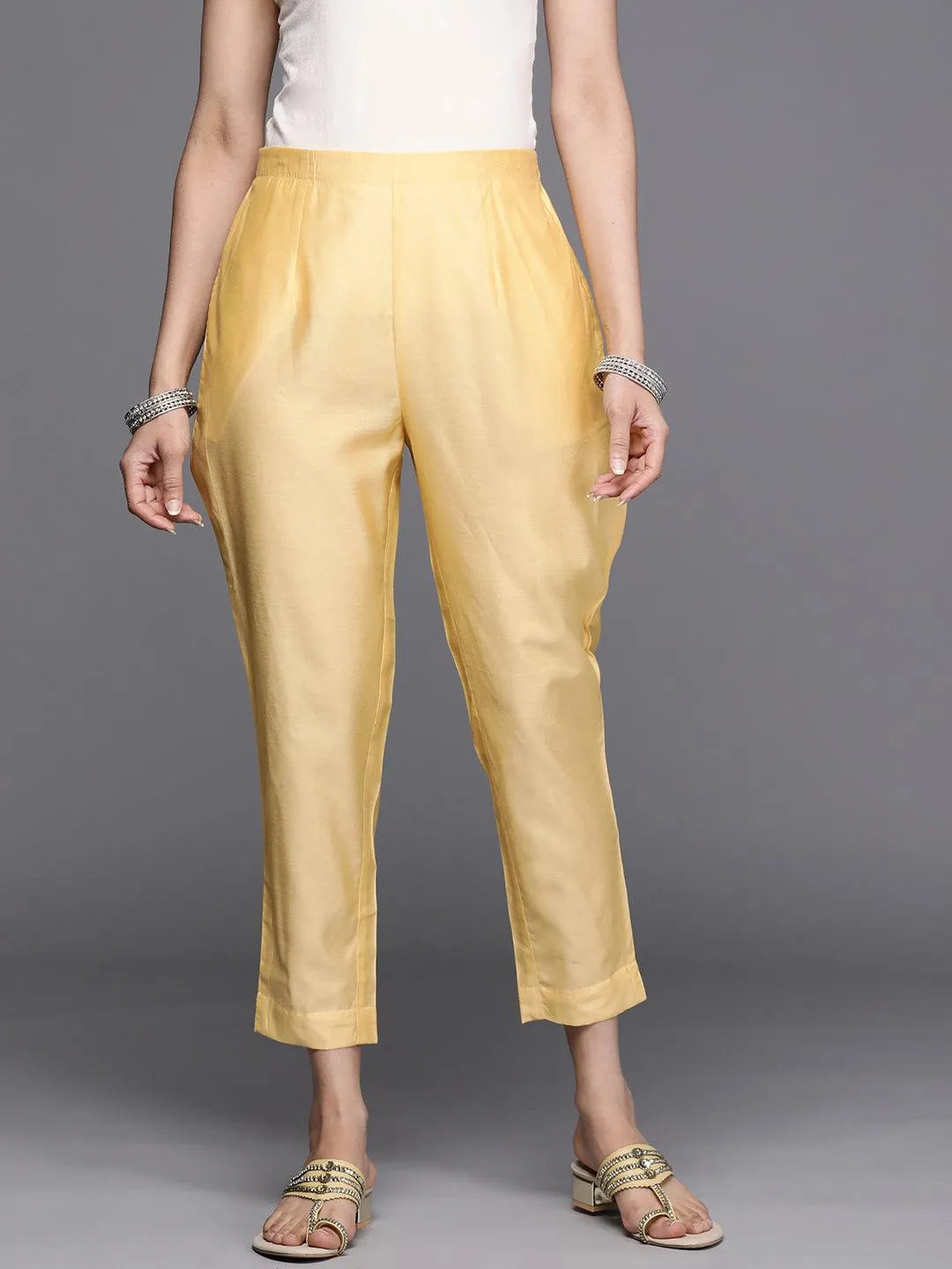 Yellow Solid Silk Trousers - Jashvi