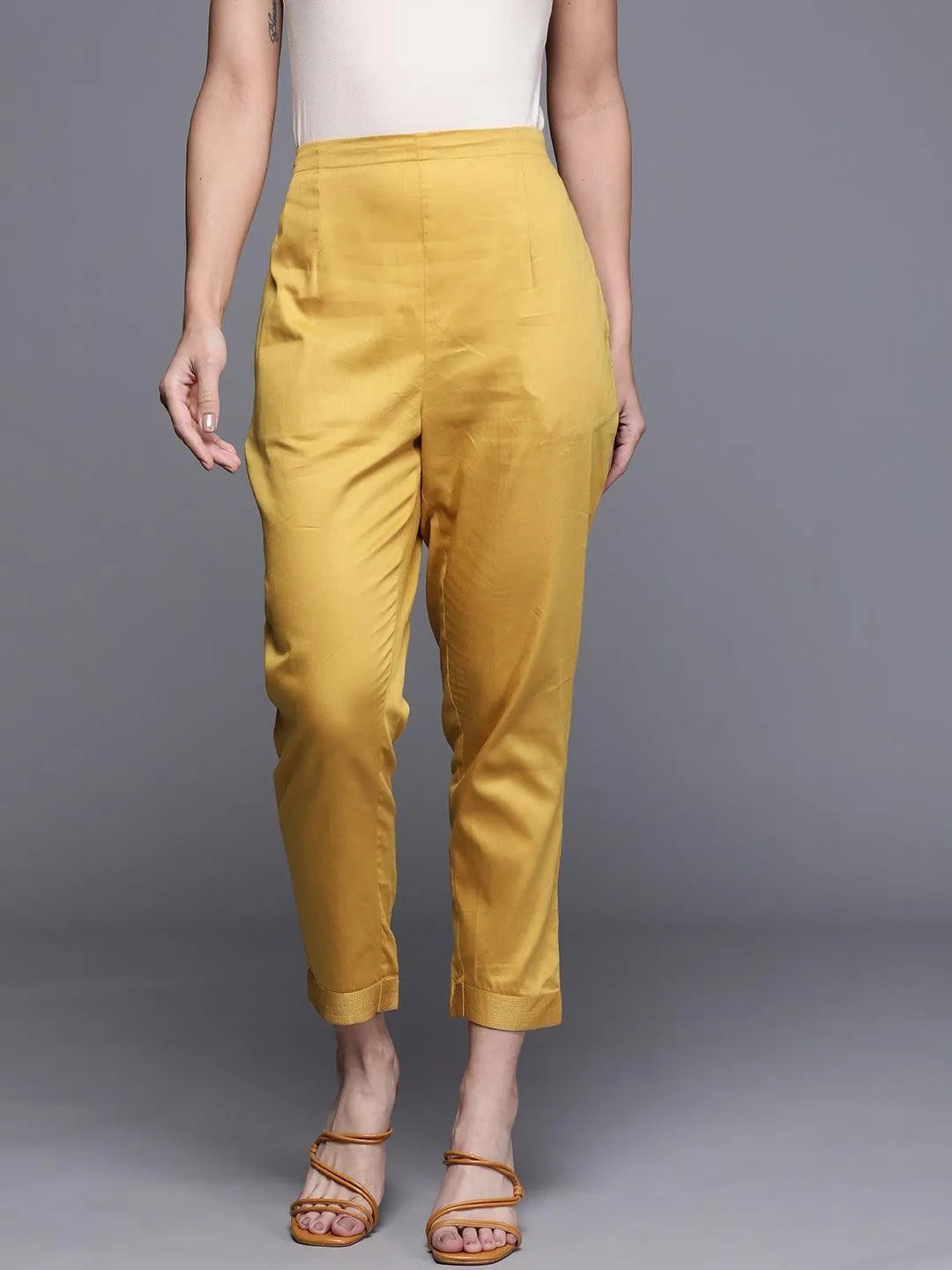 Yellow Solid Silk Trousers - Jashvi