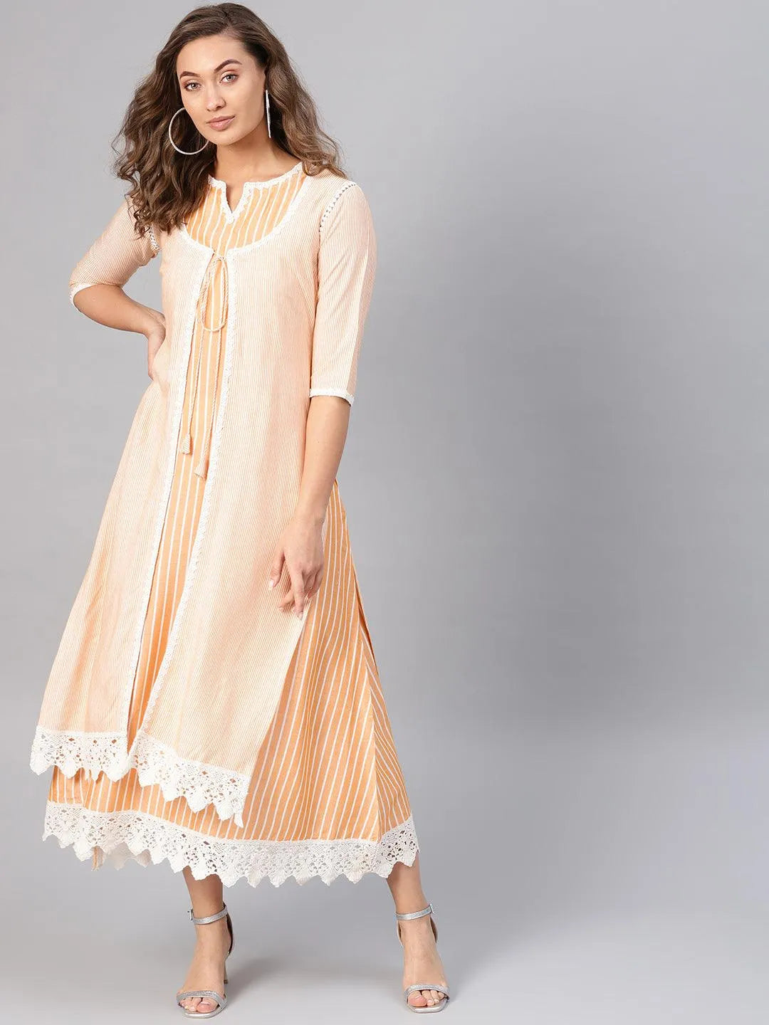 Yellow Striped Cotton Dress With Jacket - Jashvi