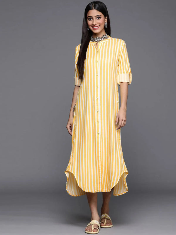 Yellow Striped Rayon Dress - Jashvi