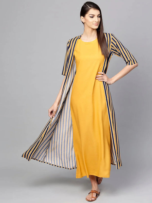 Yellow Striped Rayon Dress With Jacket - Jashvi