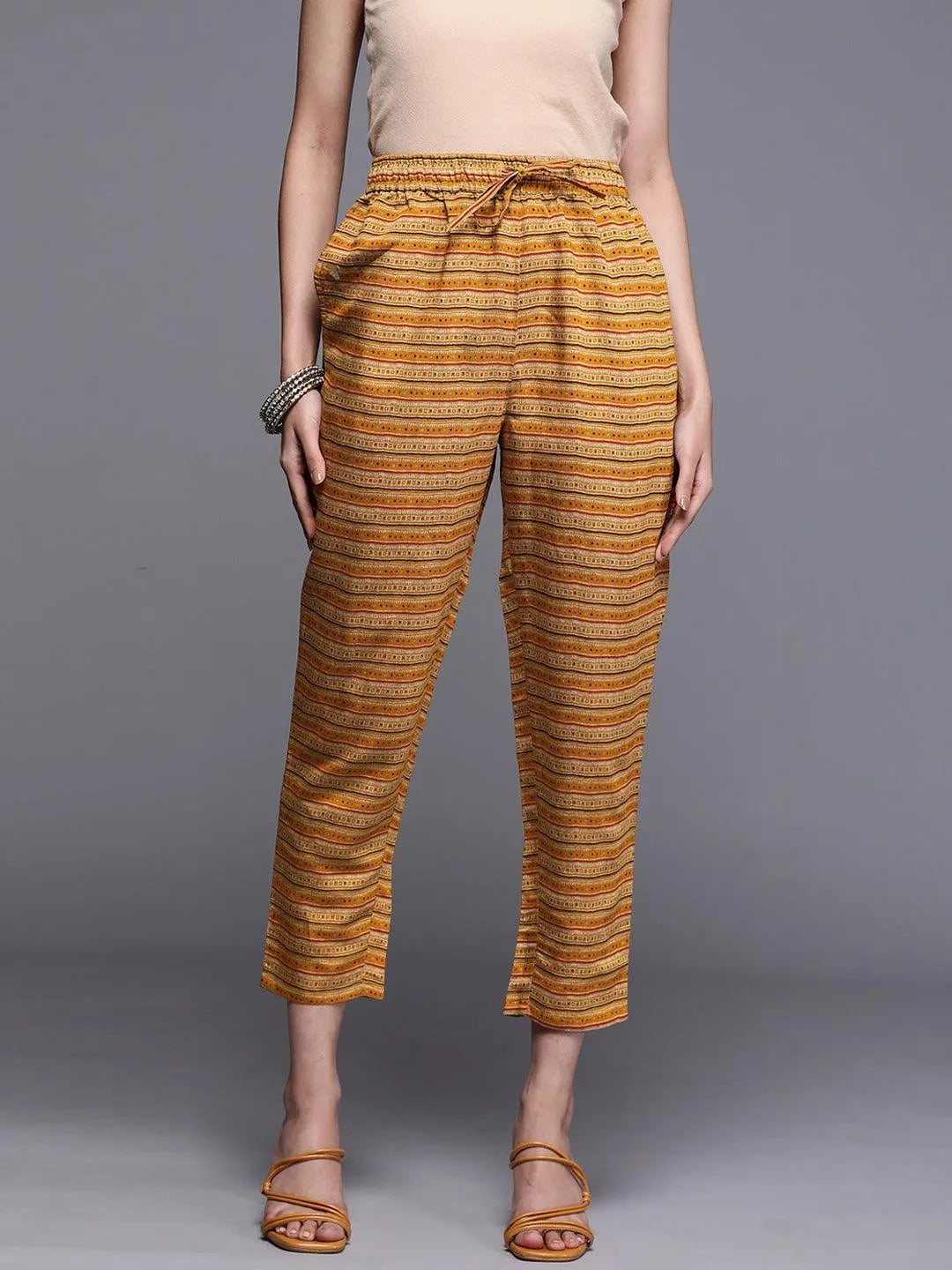 Yellow Striped Silk Trousers - Jashvi