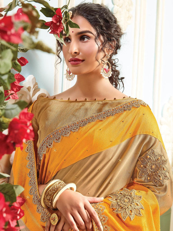 Women's Yellow Unique Cut Patch Work  Saree - Odette