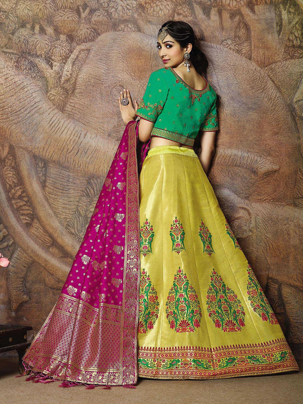 Women's Yellow Weaved Jacquard Silk Designer Lehenga Choli - Odette