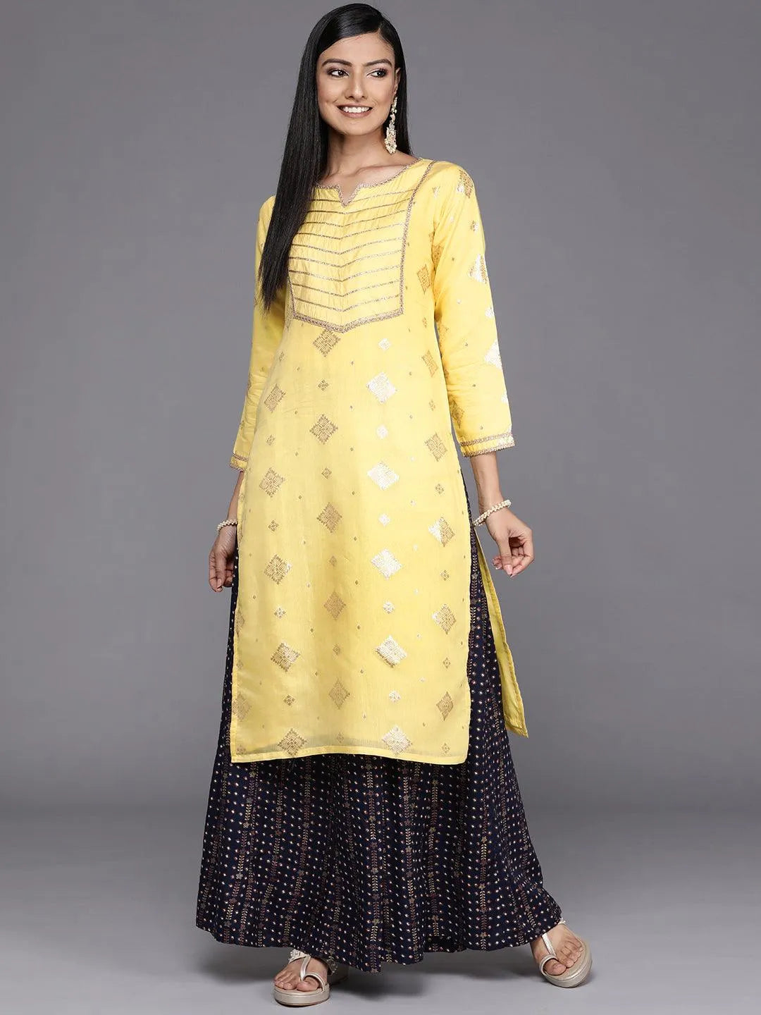 Yellow Woven Design Chanderi Silk Straight Kurta - Jashvi