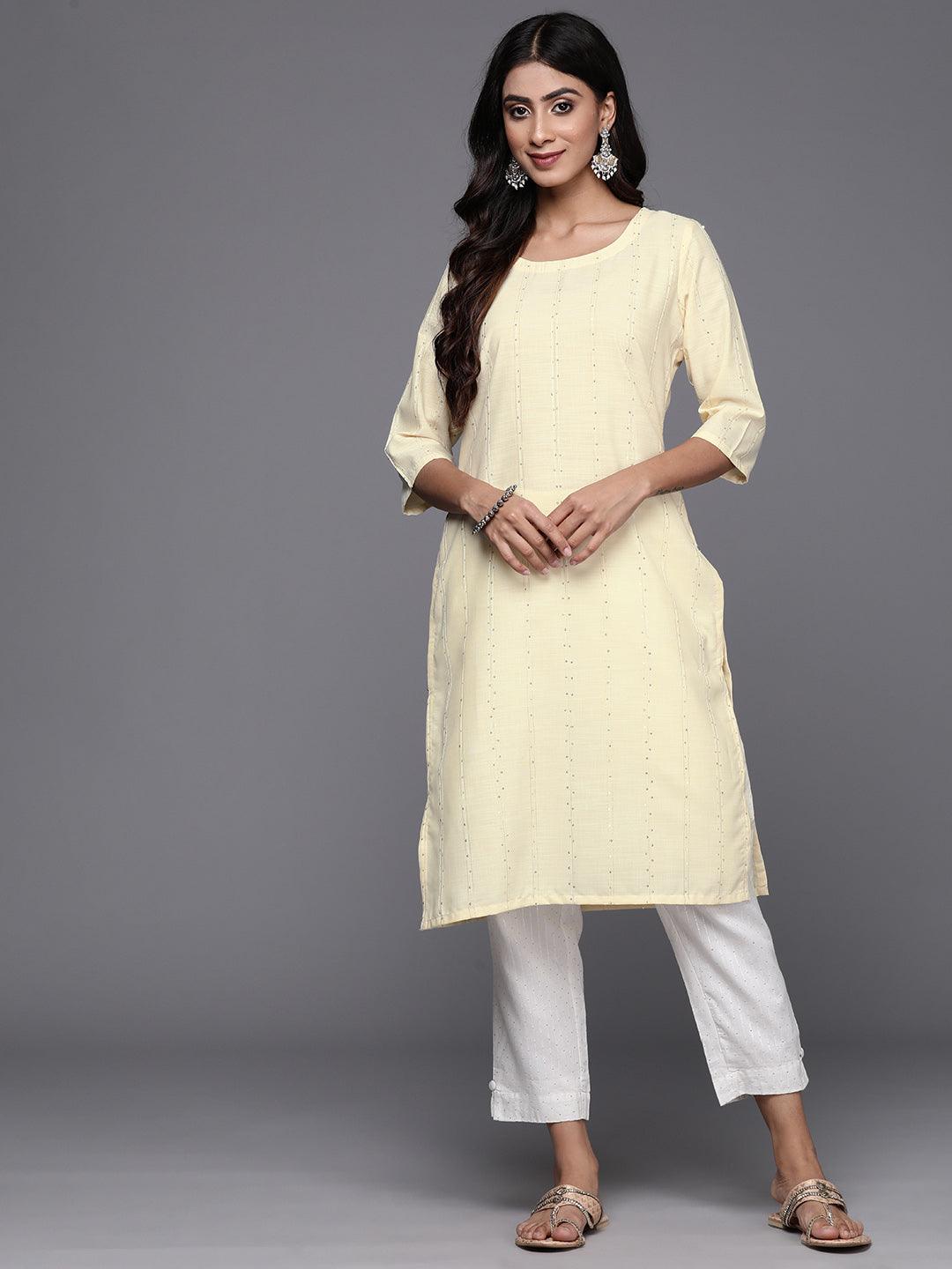 Yellow Woven Design Cotton Straight Kurta - Jashvi