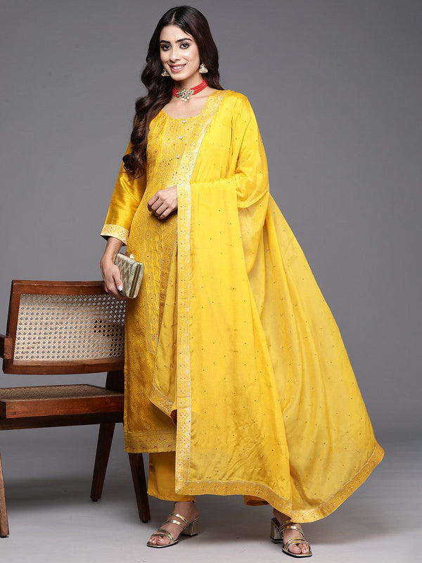 Yellow Woven Design Silk Blend Straight Kurta With Palazzos & Dupatta - Jashvi