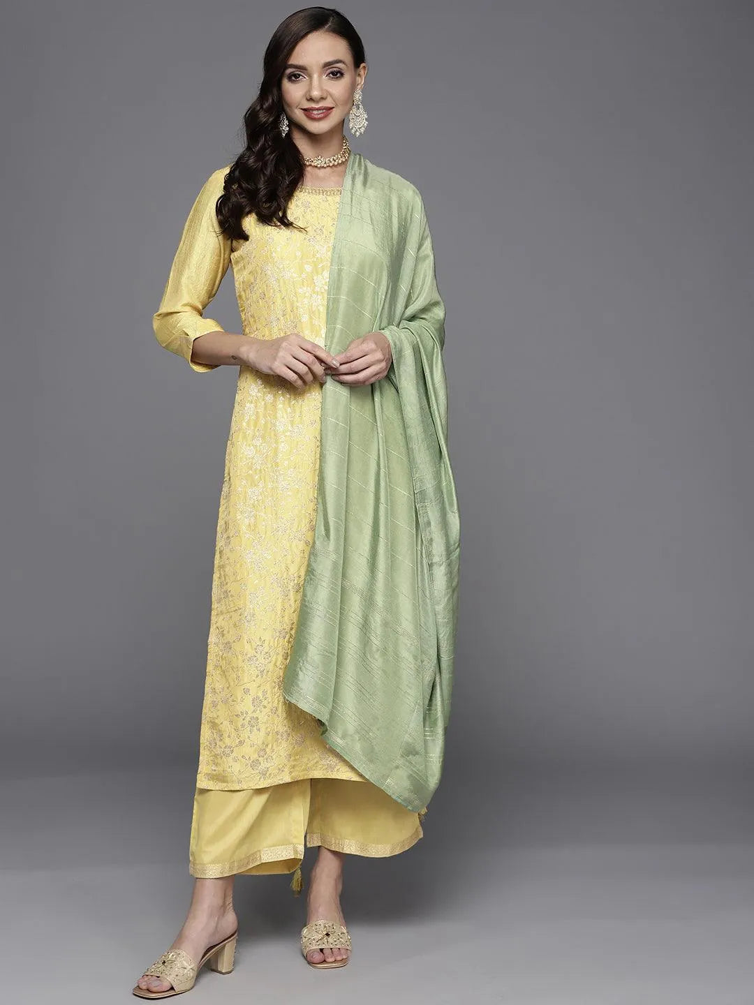 Yellow Woven Design Silk Blend Straight Suit Set - Jashvi