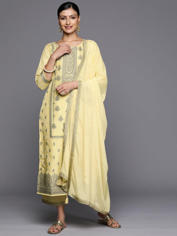 Yellow Woven Design Silk Blend Straight Kurta With Trousers & Dupatta - Jashvi