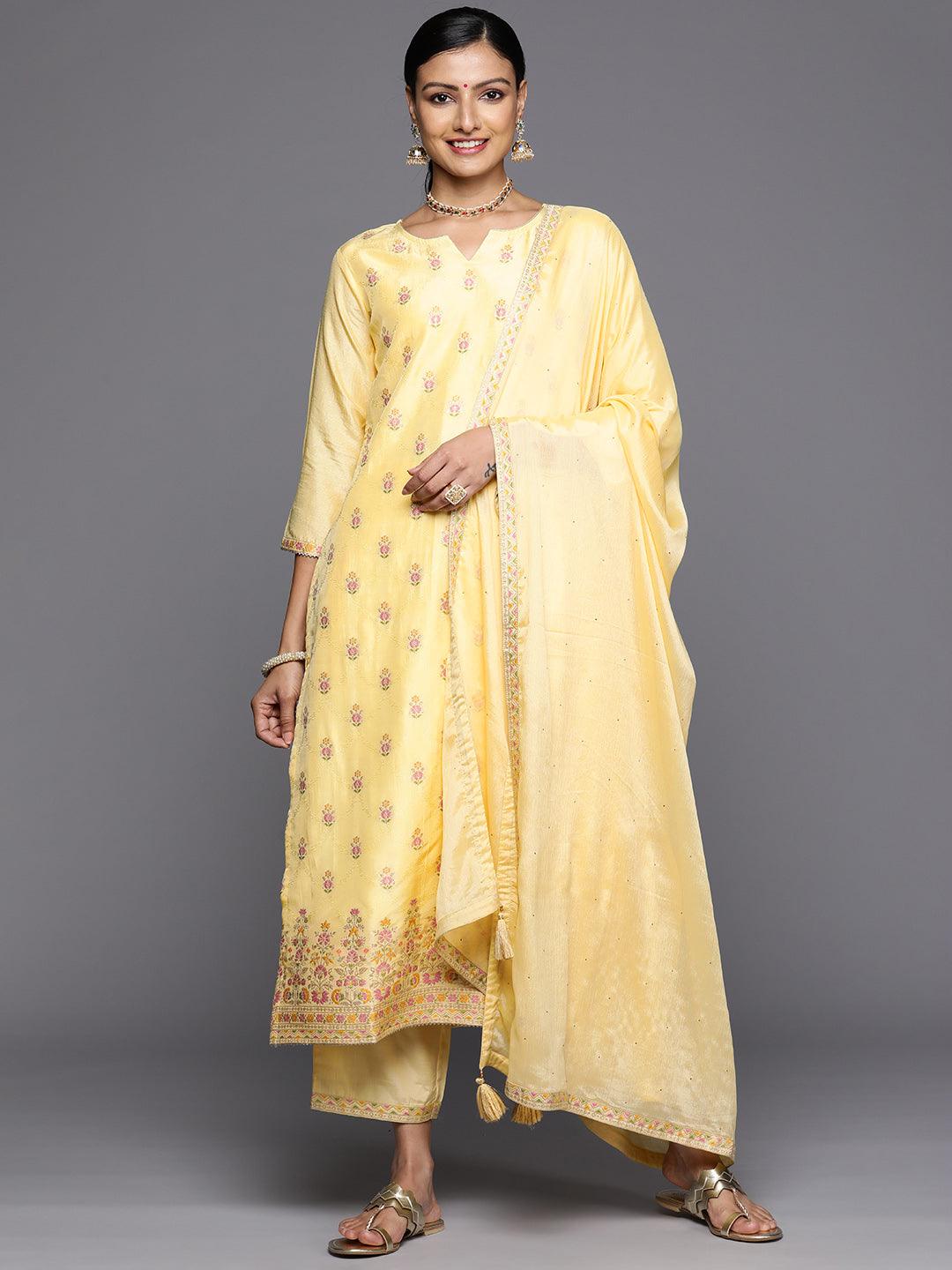 Yellow Woven Design Silk Blend Straight Kurta With Trousers & Dupatta - Jashvi