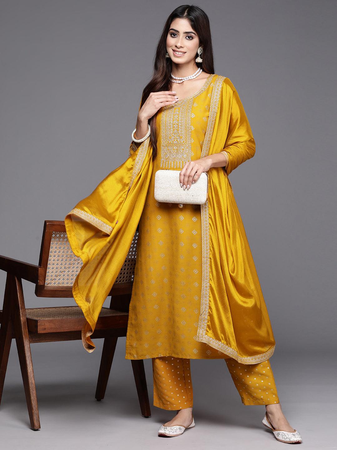 Yellow Woven Design Silk Blend Straight Kurta With Trousers & Dupatta - Jashvi