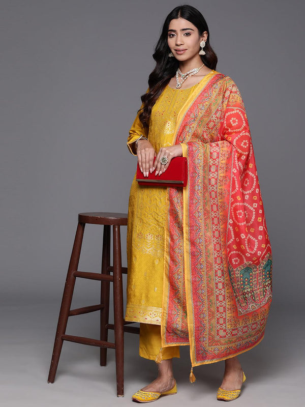 Yellow Woven Design Silk Blend Straight Kurta With Trousers & Dupatta - Jashvi