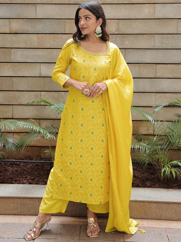 Yellow Woven Design Silk Blend Straight Kurta With Trousers & Dupatta - Jashvi