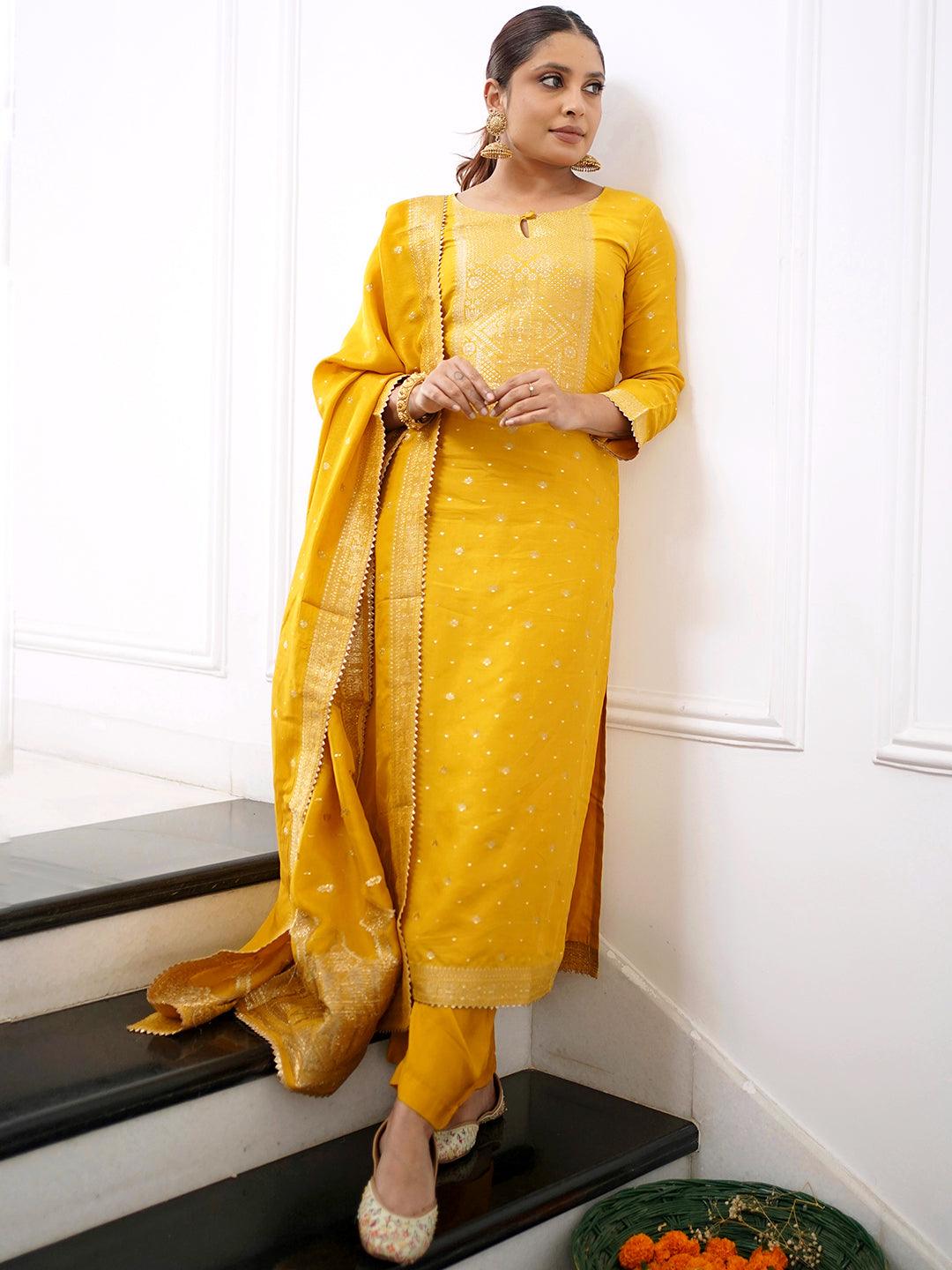 Yellow Woven Design Silk Straight Kurta With Trousers & Dupatta - Jashvi