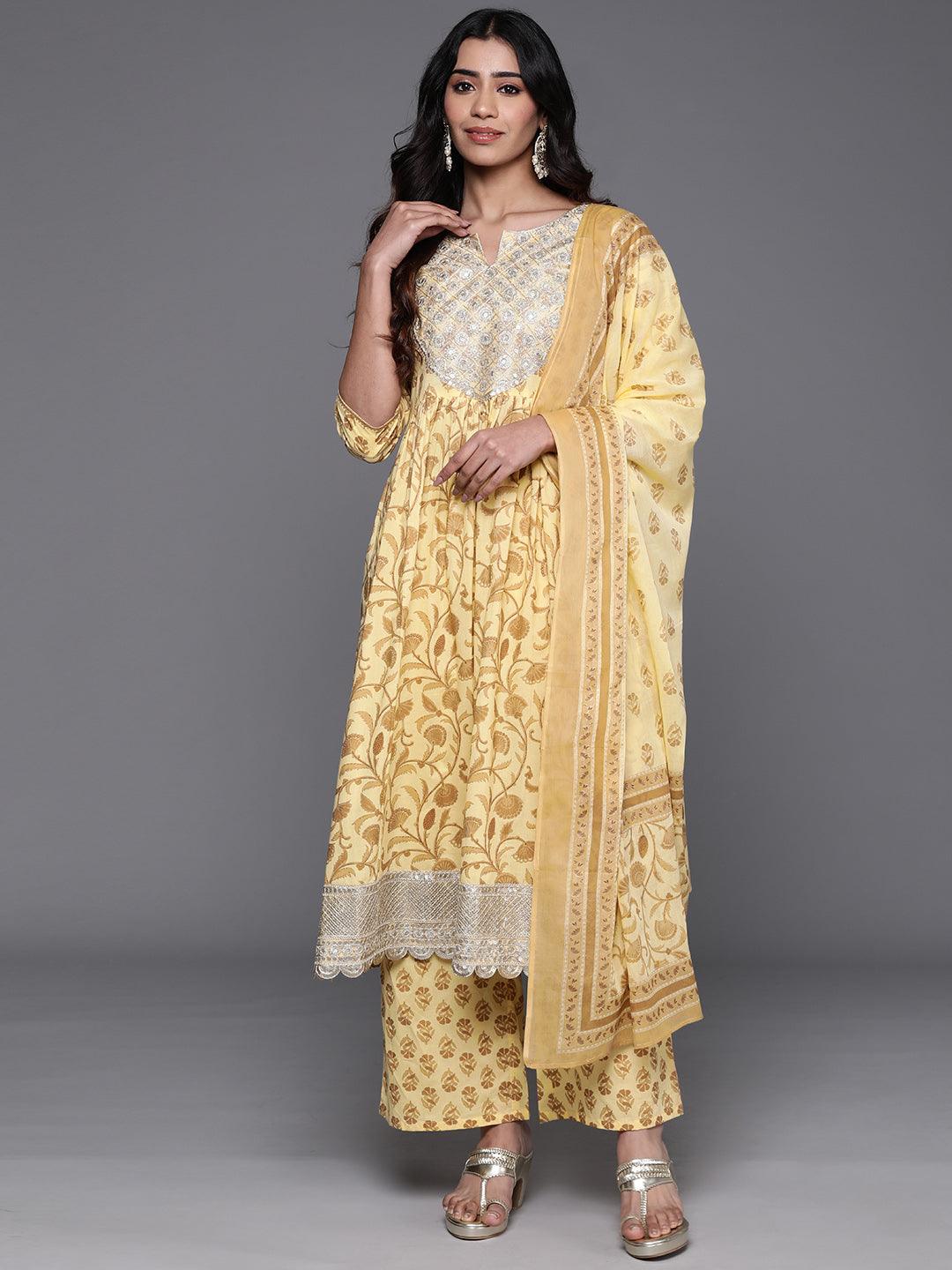 Yellow Yoke Design Cotton A-Line Kurta With Palazzos & Dupatta - Jashvi