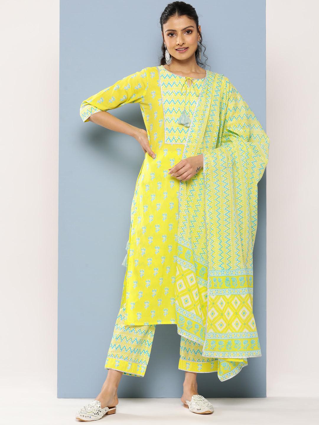 Yellow Yoke Design Cotton Straight Suit Set With Trousers - Jashvi