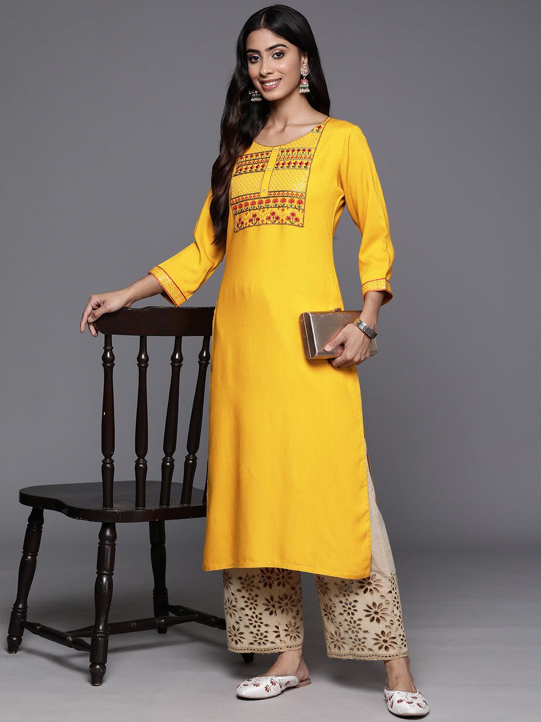 Yellow Yoke Design Rayon Straight Kurta - Jashvi