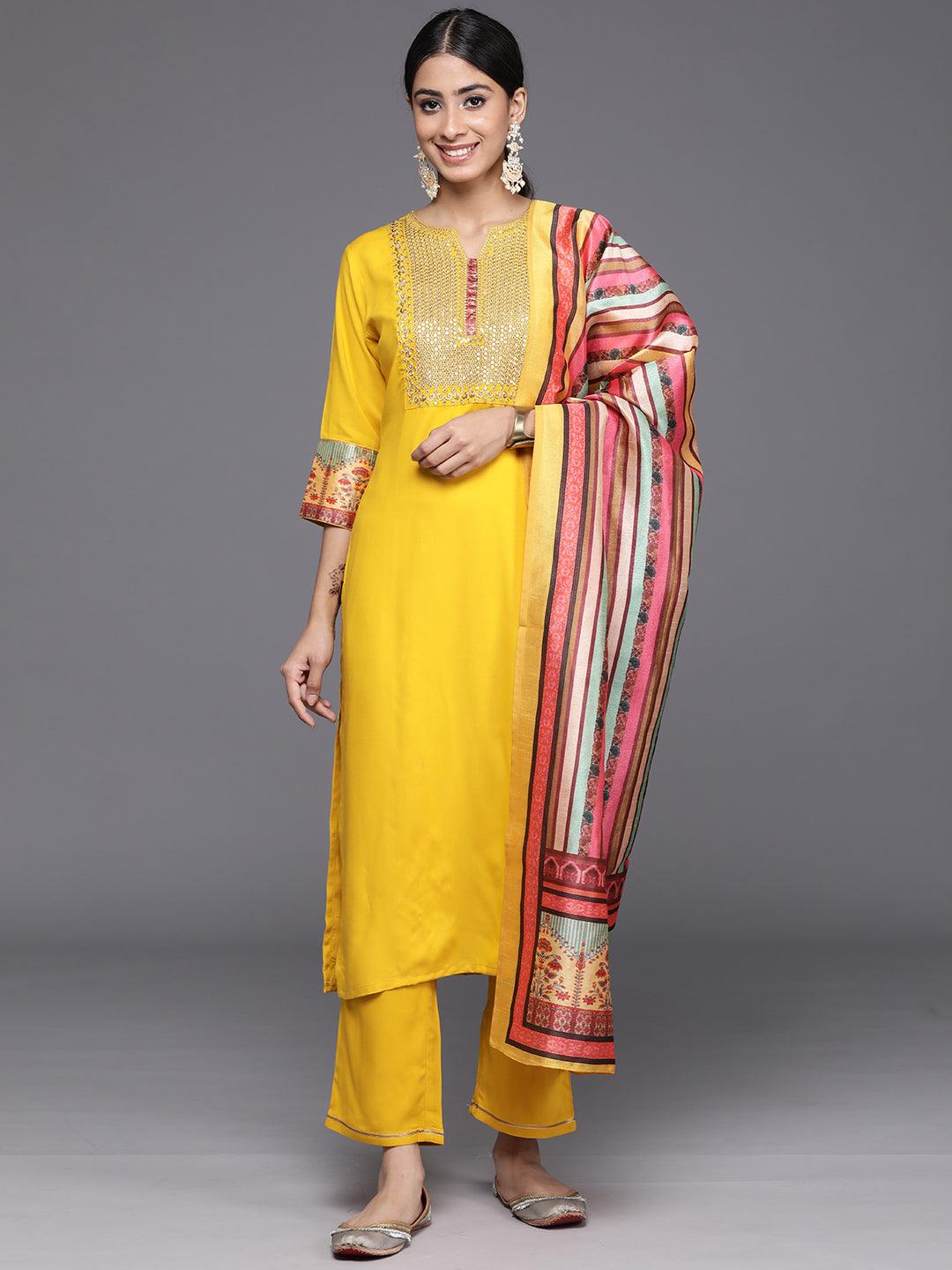 Yellow Yoke Design Rayon Straight Kurta With Trousers & Dupatta - Jashvi