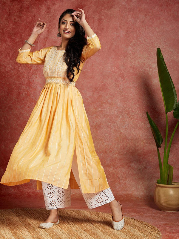 Yellow Yoke Design Silk A-Line Kurta - Jashvi