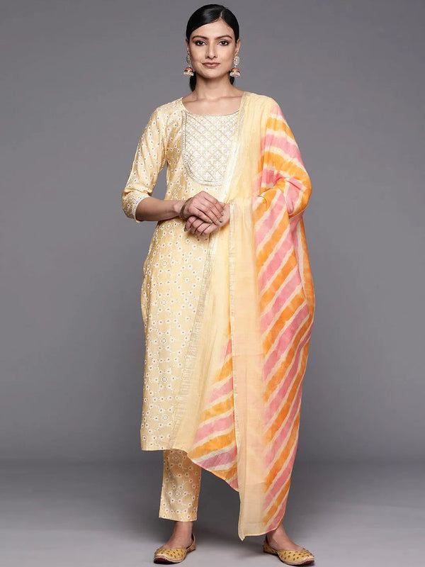 Yellow Yoke Design Silk Blend Straight Suit Set With Trousers - Jashvi