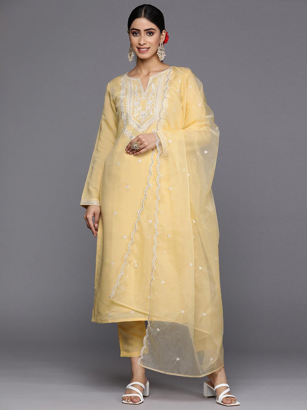 Yellow Yoke Design Silk Blend Straight Suit Set With Trousers - Jashvi