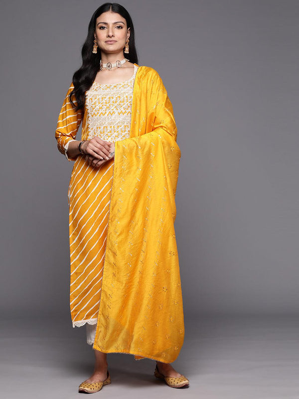 Yellow Yoke Design Silk Blend Straight Suit Set With Trousers - Jashvi