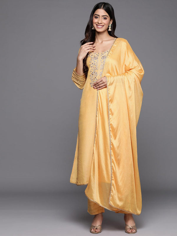 Yellow Yoke Design Silk Blend Straight Suit Set With Trousers - Jashvi