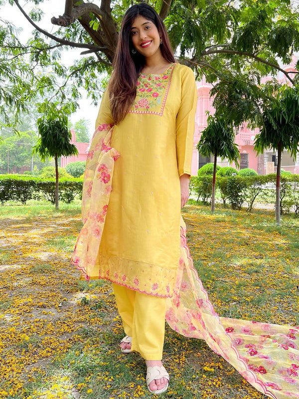 Yellow Yoke Design Silk Blend Straight Kurta With Trousers & Dupatta - Jashvi