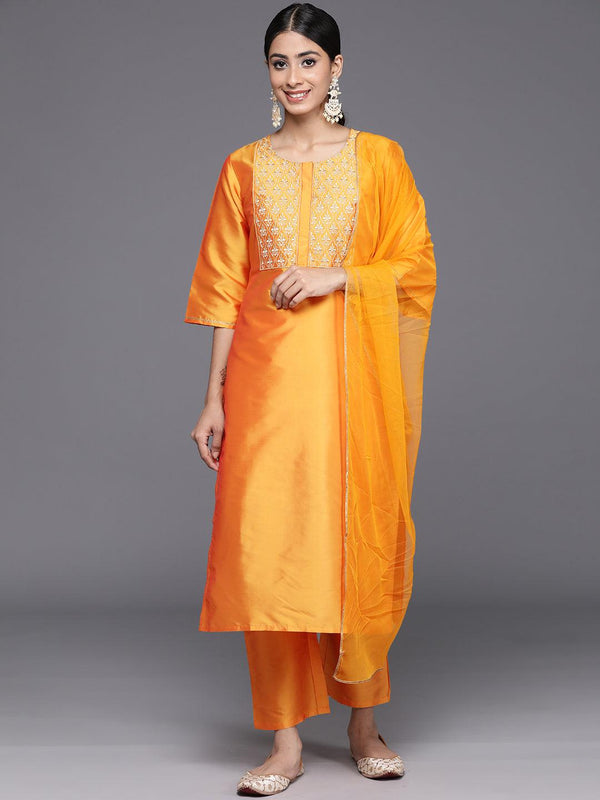 Yellow Yoke Design Silk Blend Straight Kurta With Trousers & Dupatta - Jashvi