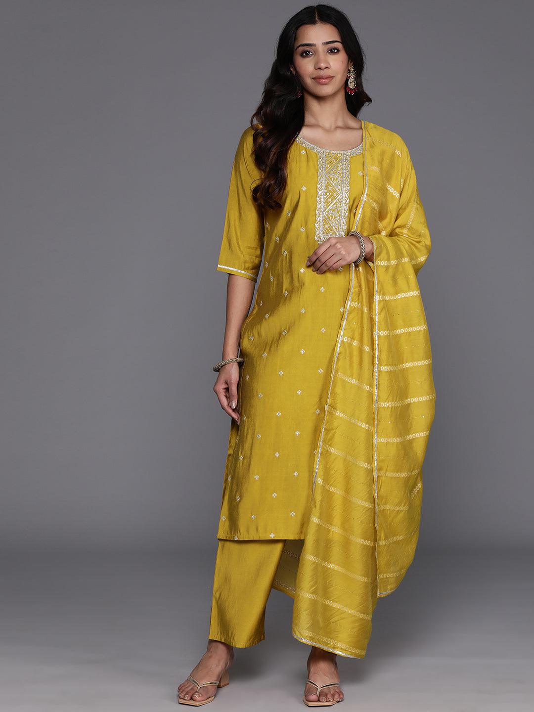 Yellow Yoke Design Silk Blend Straight Kurta With Trousers & Dupatta - Jashvi