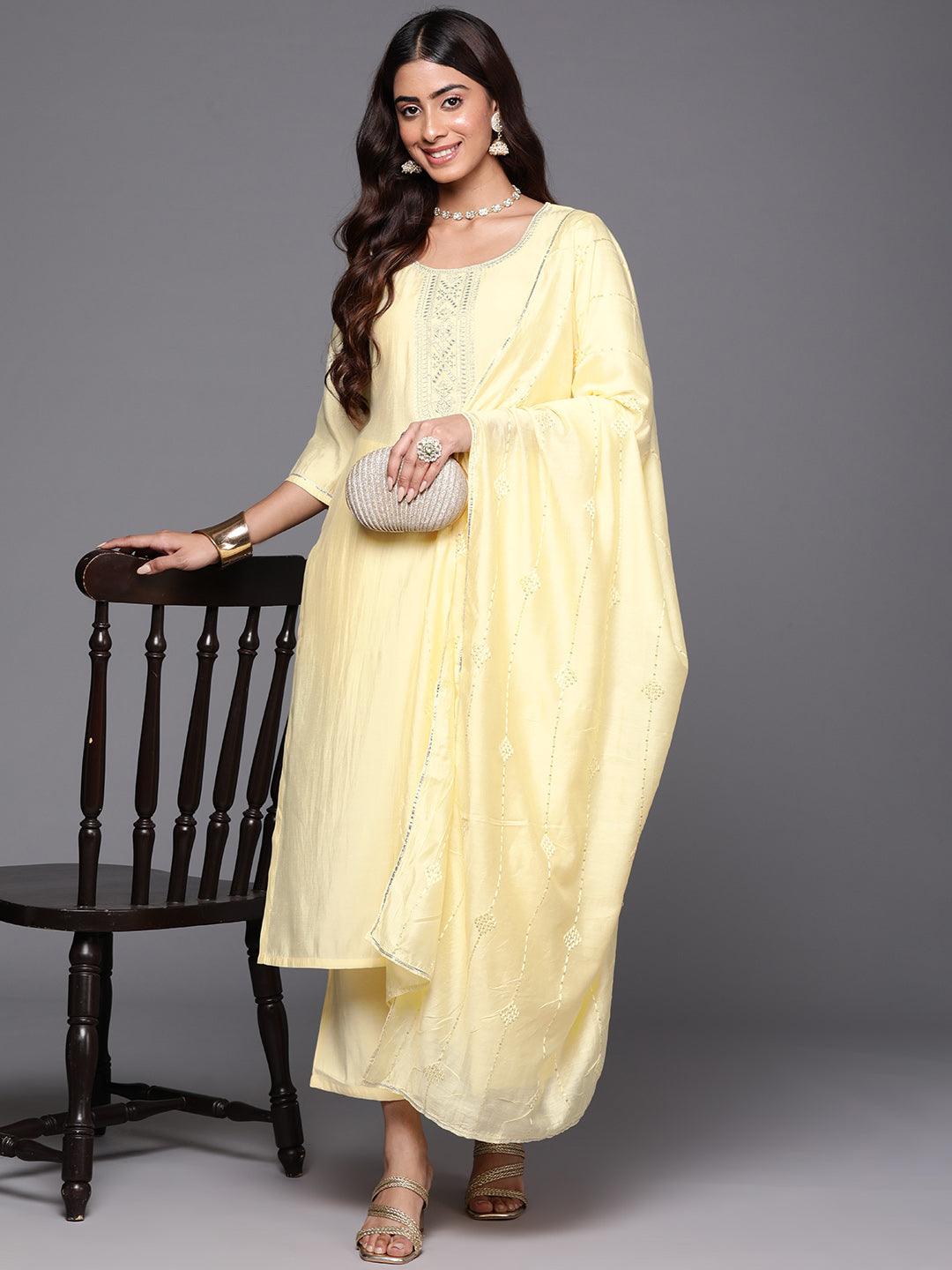 Yellow Yoke Design Silk Blend Straight Kurta With Trousers & Dupatta - Jashvi