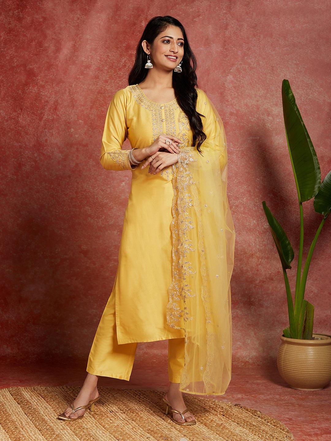 Yellow Yoke Design Silk Blend Straight Kurta With Trousers & Dupatta - Jashvi