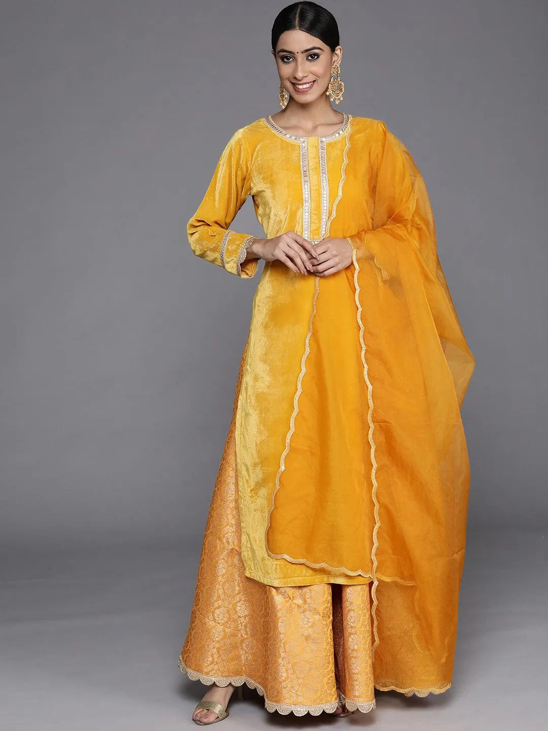 Yellow Yoke Design Velvet Straight Suit Set With Skirt - Jashvi