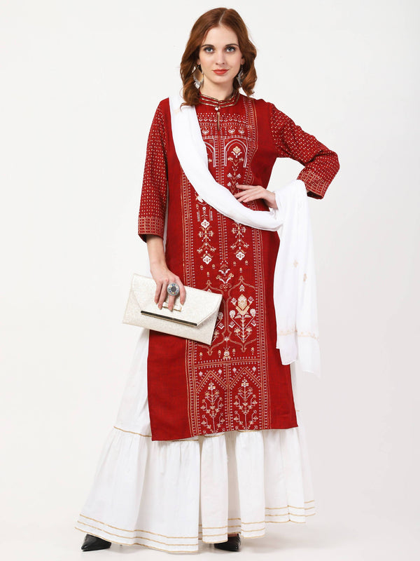 Women's Maroon & White Rayon & Cotton Kurta With Skirt & Embroidered Dupatta Set - Cheera