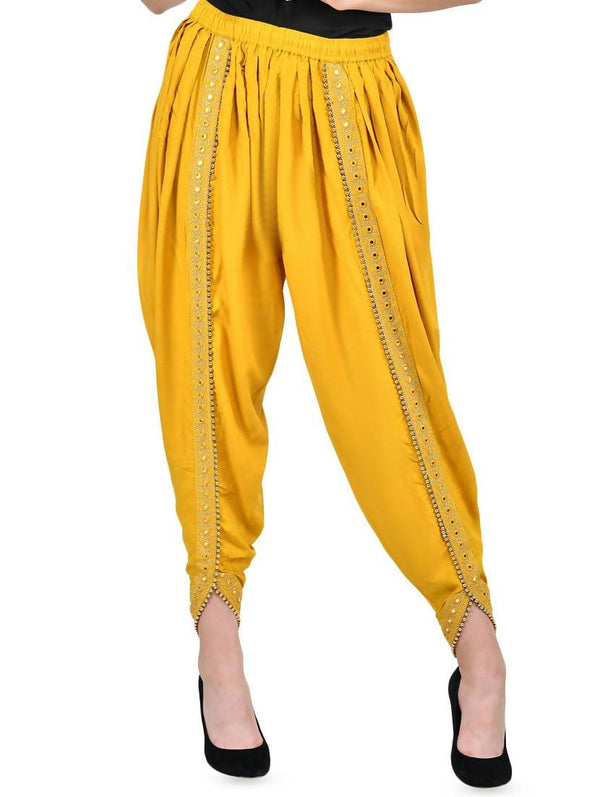 Women's Mustard Viscose Rayon Dhoti With Golden Lace - Cheera